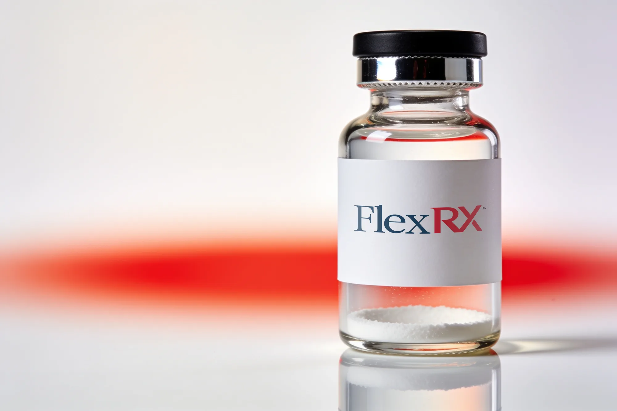 A sealed FlexRX glass vial of lyophilized reference standard, standing against a red panel